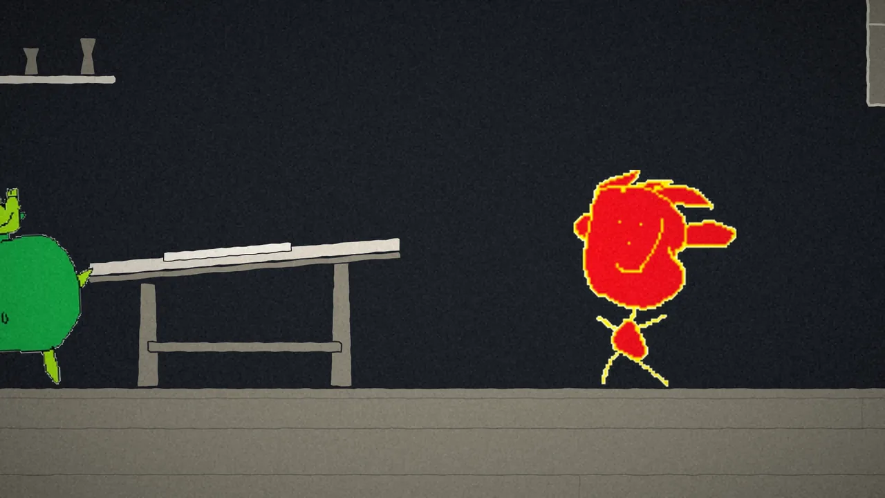 A red figure standing in a dark workshop at night