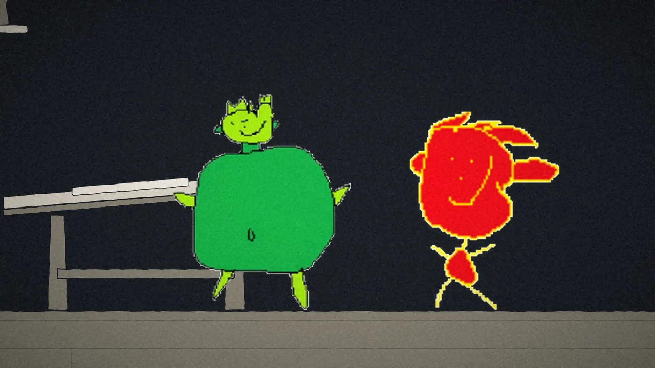 A green figure standing between the intruder and the doorway