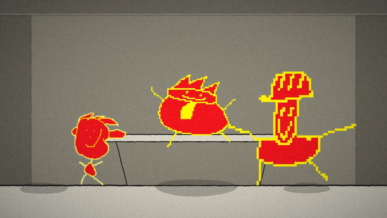 Three red figures in a grey symmetrical office