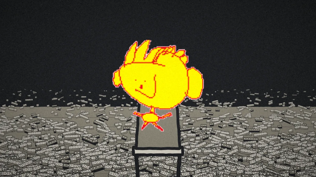 A figure asleep in a chair on a floor covered in loose bricks