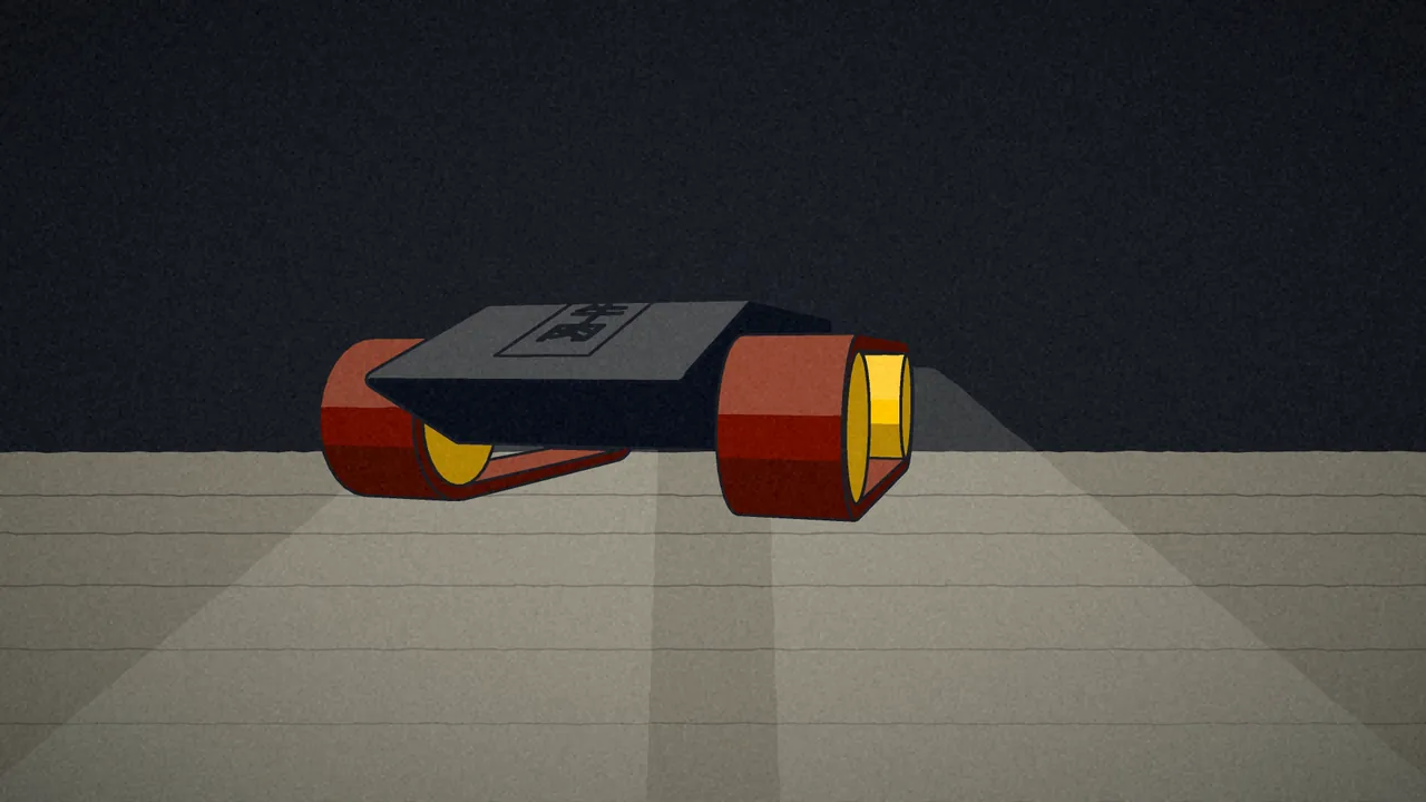 A rover with headlights up on a dark floor